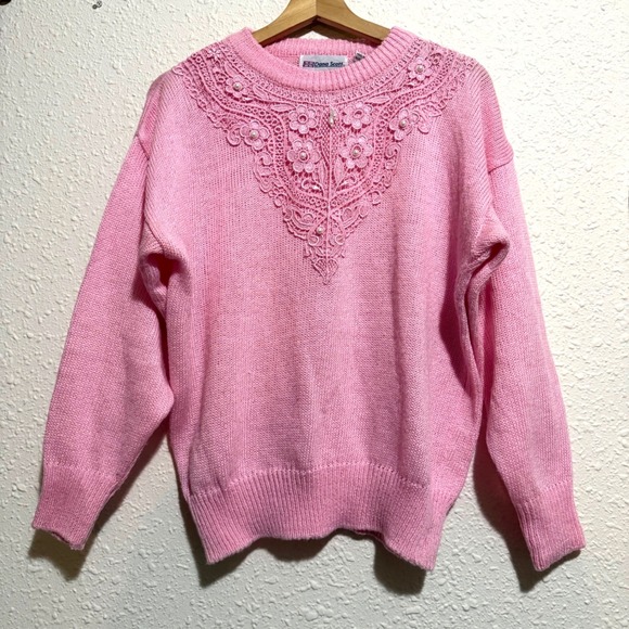 Dana Scott Sweaters - Dana Scott Pink Lace Pearl Embellished Knit vintage Sweater Women's M Barbiedoll